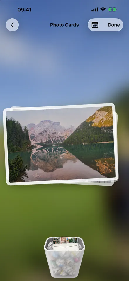 Phote’s Photo Cards screen, with the Cleanup bin filling up below the card