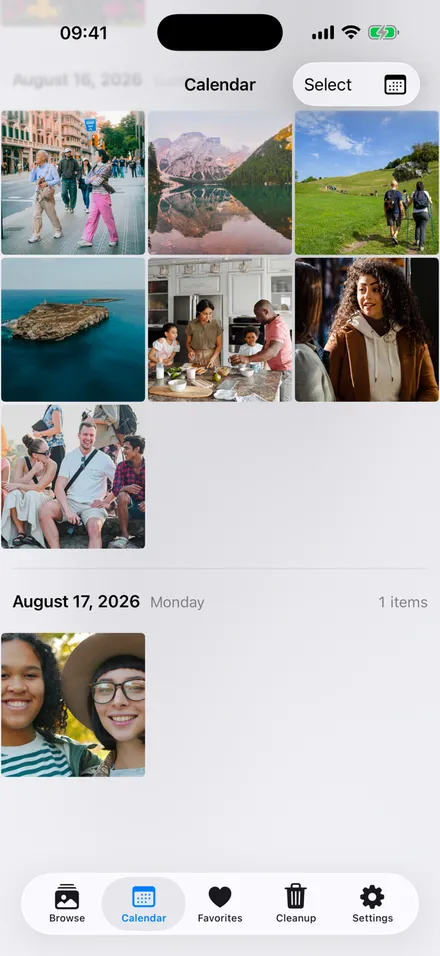 Phote’s Calendar timeline, grouped by day